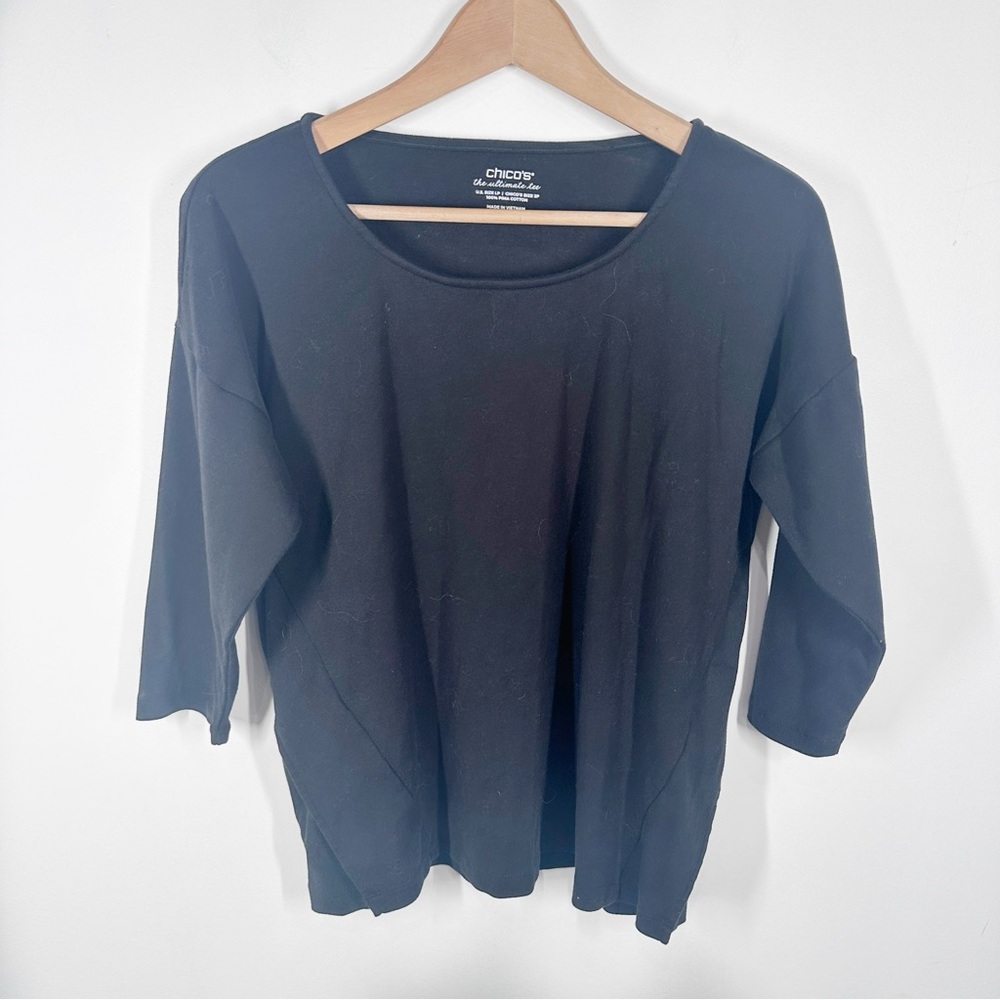 Chico's Black Ultimate Tee Shirt Size Large Petite 3/4 Sleeves Pima Cotton